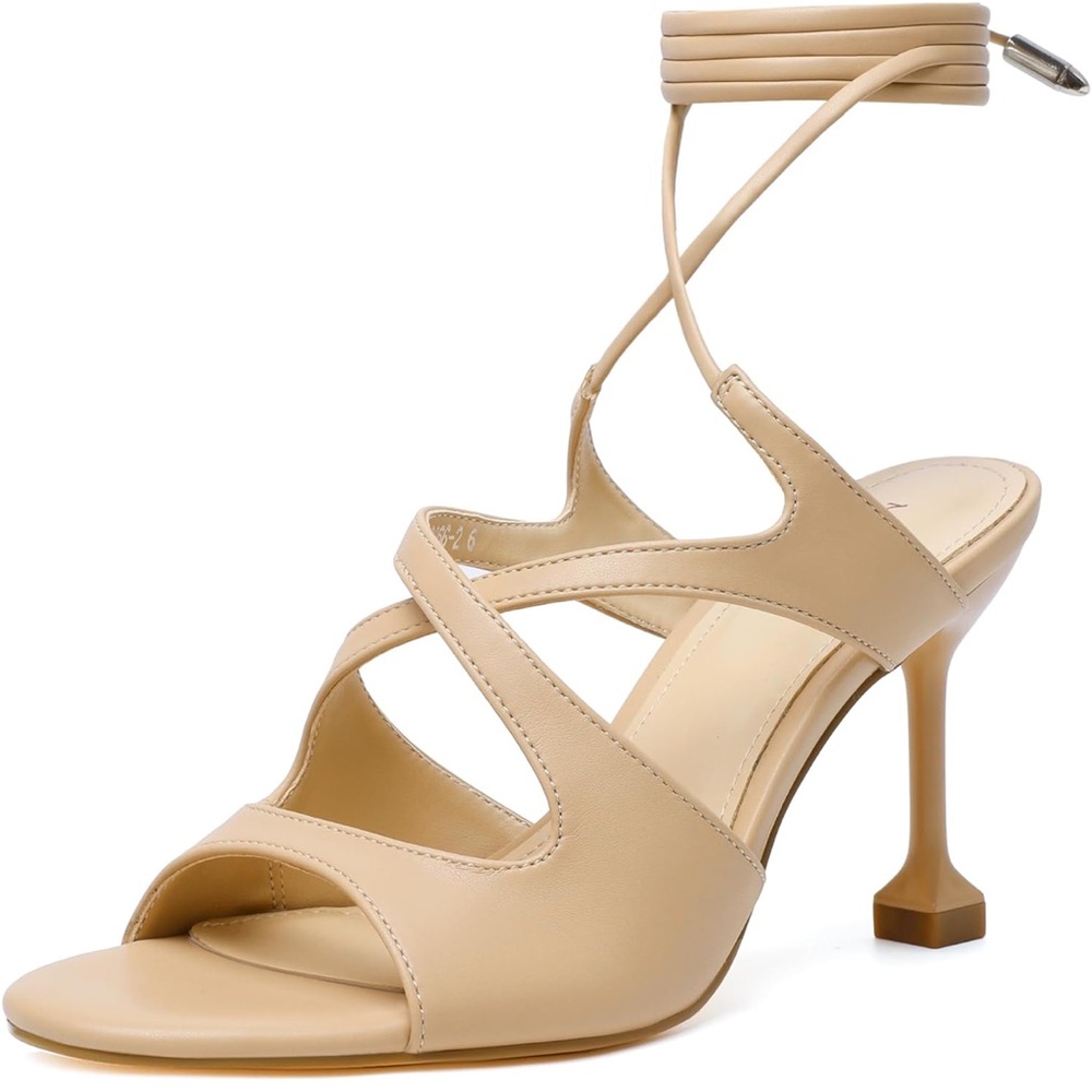 Elegant Beige Strappy Heels Lace Up Sandals Heels Size 7